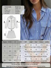 女士优雅两件套：春夏百搭休闲高腰褶皱短裤+条纹长袖衬衫，清新条纹新款，适合工作、休闲聚会、旅行、校园、时尚博主风格，时尚显瘦。 - 藍色 - 查看 3