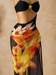 Bộ đồ bơi 3 mảnh dành cho nữ năm 2026, bộ bikini trang trí hoa kim loại gợi cảm và thời trang với áo khoác lưới in hoa retro thanh lịch, trang phục đi biển dành cho nữ, phong cách Bohemian, thích hợp cho bãi biển, kỳ nghỉ, lễ hội (Ngày Valentine, Lễ hội Carnival) và kỳ nghỉ hè. - Đen và cam - Xem 5