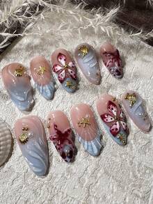 Handmade 3D Floral Nail Art, Summer Beach Style 3D Floral Nail Art, Crystal Shell Nail Art, Yellow Almond-Shaped Medium Length False Nails, Women & Girls Nail Art - 淺藍色 - 查看 3