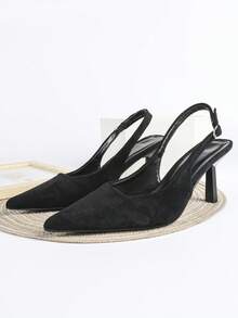 Giày cao gót nữ màu đen da lộn, mũi nhọn, kiểu dáng slip-on, thích hợp cho tiệc cưới, cao 7cm, có quai buộc cổ chân. - màu đen - Xem 2