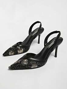 New Chinese Style White High Heel Mules, Pointed Toe Lace Embroidery Convertible Sandals For Women - Black - View 3