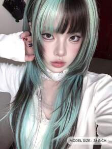 alicegarden 28-Inch Long Synthetic Wig Featuring A Natural Straight Style A Stunning Multicolor. Designed With Bangs , This False Hairpiece Is Perfect For Ms Daily Use, Offering A Natural And Realistic Appearance That Mimics Gift For Ladies. - Multicolor - View 2
