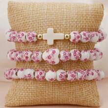 Bộ 3 vòng tay hạt gốm co giãn kiểu Trung Quốc cổ điển 10mm, vòng tay hạt mặt dây chuyền hình thánh giá, và vòng tay hạt gốm co giãn hình thánh giá kiểu Trung Quốc cổ điển dành cho nữ, rất thích hợp để làm quà tặng. - Hồng - Xem 1