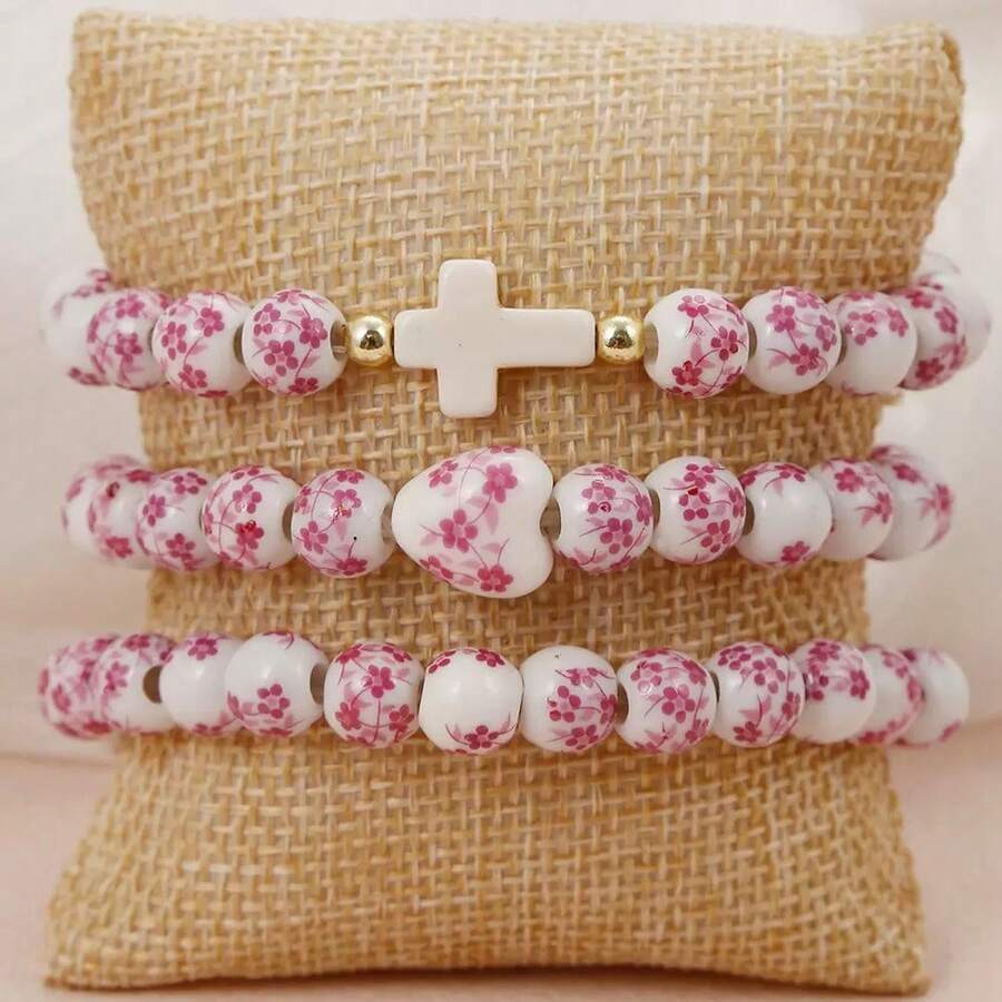 Bộ 3 vòng tay hạt gốm co giãn kiểu Trung Quốc cổ điển 10mm, vòng tay hạt mặt dây chuyền hình thánh giá, và vòng tay hạt gốm co giãn hình thánh giá kiểu Trung Quốc cổ điển dành cho nữ, rất thích hợp để làm quà tặng. - Hồng - Xem 1