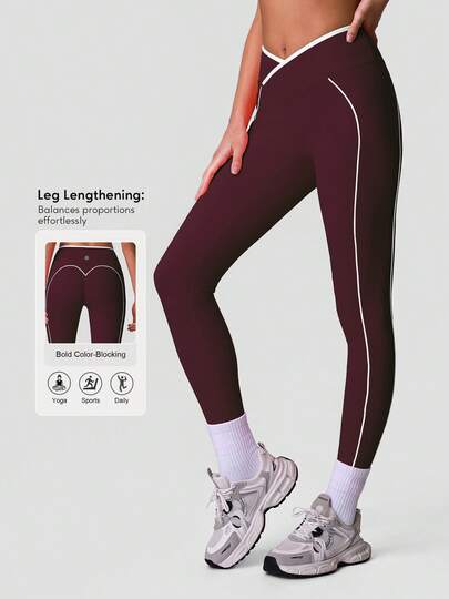 Sodalemon Quần tập yoga nữ phối màu tương phản với thiết kế chéo eo và nâng hông, quần legging tập luyện ngoài trời thoải mái.