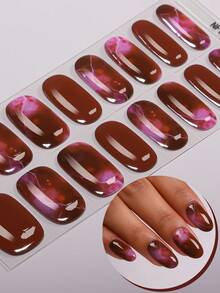 16Pcs Red Gradient Marble Pattern Semi-Cured Gel Nail Strip,Spring/Summer Dreamy Unique Style Nail Stickers, Self-Adhesive Easy To Apply,Suitable For Women And Girls Home DIY Manicure - Purple - View 1