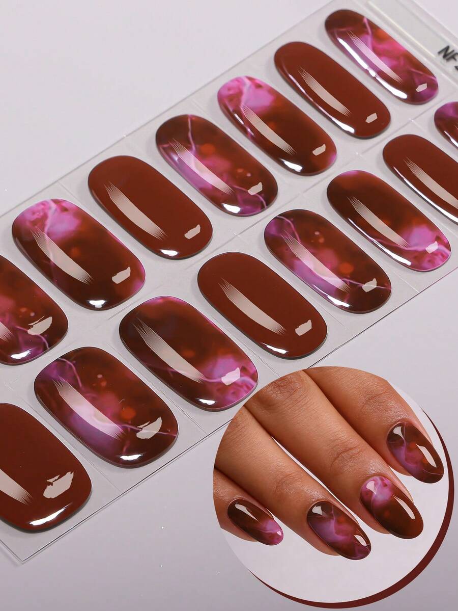 16Pcs Red Gradient Marble Pattern Semi-Cured Gel Nail Strip,Spring/Summer Dreamy Unique Style Nail Stickers, Self-Adhesive Easy To Apply,Suitable For Women And Girls Home DIY Manicure - Purple - View 1
