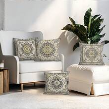 Conjunto de 4 capas de almofada decorativas em veludo pêssego com estampa de tapete boêmio, 100% poliéster, para sala de estar, sofá e quarto. Disponíveis apenas as capas. Tamanhos: 40x40cm/45x45cm/50x50cm. - padrões de tapetes em estilo folclórico boêmio - Ver 9