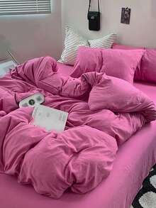 Bộ 3 món ga trải giường bằng polyester mềm mại, phối màu xanh dương và trắng. - Màu Hồng Tươi - Xem 5