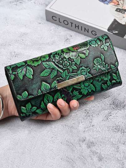 Nuevo modelo de cartera larga con estampado floral vintage en relieve para mujeres, elegante y de moda, con funda de cuero con patrón de flores, múltiples ranuras para tarjetas y monedero, regalo para mujeres, bolso de mano, artículos esenciales de cartera grande, funda para teléfono celular