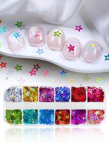 12格全息镂空星形美甲亮片，多色炫彩星形薄片，风靡INS Y2K美学DIY美甲装饰用品 - 彩色 - 查看 3