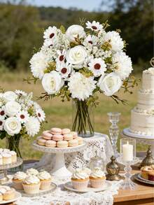 1件仿真丝花 - 玫瑰、绣球、雏菊，仿真花束，适用于家居、餐厅、客厅、户外花园装饰，可用于婚礼、家庭花园和派对装饰，仿真花，婚礼用花，新娘捧花，婚礼用品，婚礼装饰，装饰花，春季装饰 - 白色 - 查看 6