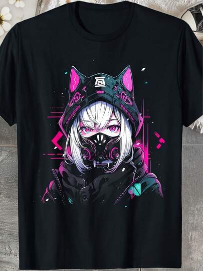 Women's Casual Graphic T-Shirt - Short-Sleeved, Round-Neck, Lively Anime-Inspired Design Featuring Pink Cat Ears And A Mask, Lightweight Polyester, Suitable For Spring And Summer, Casual Spring Wear.Vibrant Printed Top, Comfortable Style, Anime T-Shirt,Men's & Women's  Graphic T‑Shirt| Casual Summer Cotton Tee|  Unisex Top,Classic Unisex Graphic T‑Shirt Perfect For Everyday Wear, Holidays And Summer Outings.Soft, Lightweight And Comfortable Cotton Day Comfort.Stylish Casual Design Ideal For Men And Women. CNWV