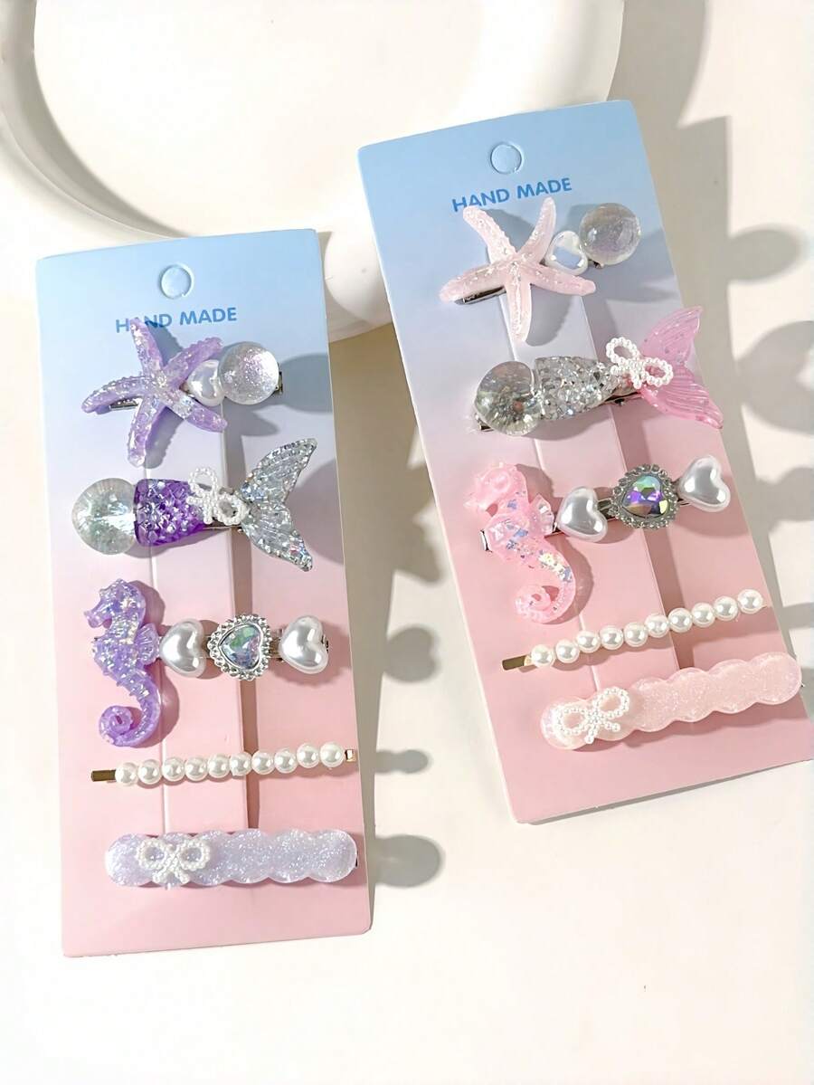 5pcs/Set Girls' Mermaid Princess Hair Accessories, Starfish Hair Clips, Bangs & Side Hairpins, Hair Claws