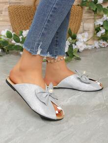 银色亮片蝴蝶结穆勒鞋 女士露趾无后跟拖鞋 夏季休闲平底凉鞋 - 銀色 - 查看 9