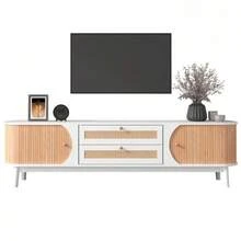 TV Stand - Natural Wood Blend With Doors And Drawers. Rattan Side-Screen TV Cabinet. Versatile, Natural Rustic Style - Camel - View 8