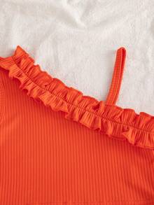 Young Girls Sleeveless Ruffle Trim Camisole Top + Sunflower Print Bow Shorts Set - Orange - View 10