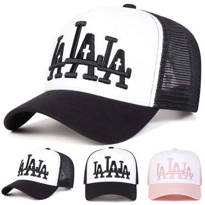 1顶男士洛杉矶卡车司机帽，个性化字母和十字刺绣棒球帽，街头休闲网眼帽，适合春秋季户外旅行、海滩度假