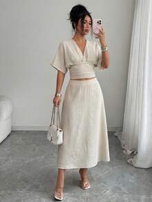 Lily House Summer Elegant Commuting V-Neck Cinched Waist Bat Sleeve Top + A-Line Skirt Two Pieces Set, Daily Elegant Casual Commuting Brunch Garden Party - Gray Apricot - View 9