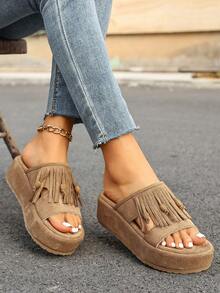 2026 New Fairy Style Thick Sole Beach Slippers, Fashionable One-Strap Slides For Pregnant Women To Wear With Dresses In Summer - Khaki - View 4