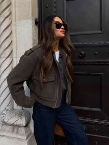 女士灰色麂皮夹克，宽松休闲街头风，拉链口袋，秋冬外套 - 灰色 - 查看 7