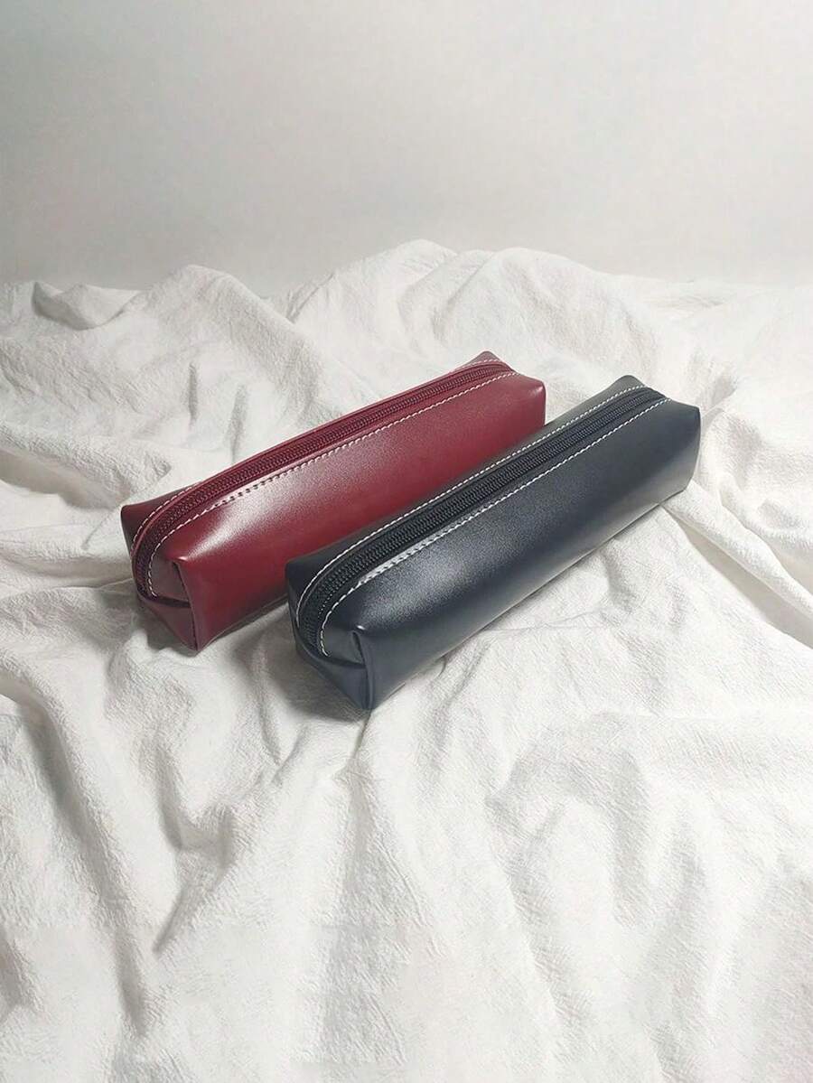 INS Style Embossed Leather Pencil Case, Burgundy/Black Minimalist Premium Zipper Pencil Case, Large Capacity Student Stationery Storage Bag