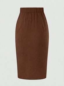 Women's Solid Color Button Design Pencil Elegant Mini Skirt Spring - Brown - View 2