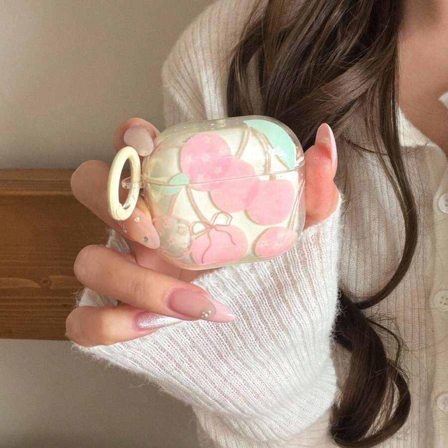 Ốp tai nghe hình tròn màu hồng anh đào tương thích với Apple Pro3/Pro2/AirPods4/AirPods3/AirPods2, ốp tai nghe thời trang dành cho nữ, ốp tai nghe tối giản, ốp tai nghe Apple, vỏ bảo vệ tai nghe Apple