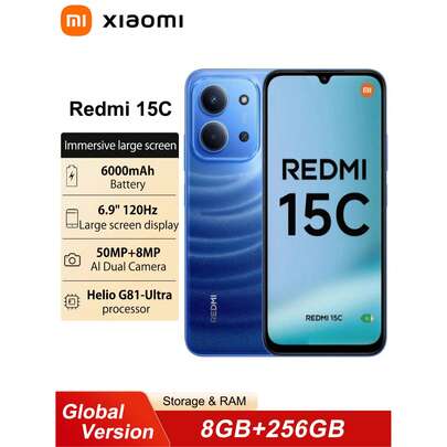 Xiaomi Redmi 15C 8+256G 智能手机全球版，6.9 英寸水滴屏，6000mAh 大容量电池，支持 33W 快充，搭载 Helio G81 Ultra 处理器，配备清晰的 50MP AI 双摄像头。