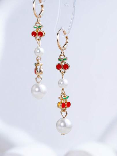 1 Pair New Ins Style Cute Cartoon Enamel Double-Layer Alloy Dangle Earrings, Mixed Color Heart Shaped Handmade Earring Jewelry