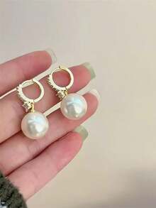 一对珍珠耳环，钻石耳环，优雅气质，复古水钻珍珠耳环，奢华高端耳环，适合日常佩戴 - 白色 - 查看 3