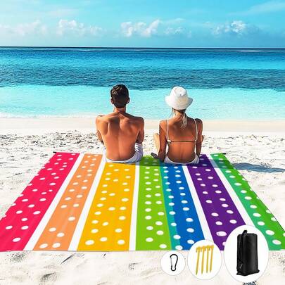 1pc 185*235CM Ombre Red Orange Yellow Blue Purple Striped Pattern Waterproof Anti-Sand Extra Large Beach Blanket, Suitable For 2-3 People Leisure Beach Vacation, Lightweight Thin Durable Outdoor Camping Picnic Mat