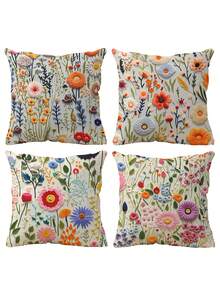 4pcs Spring & Summer Floral & Letter Print Pillow Covers (Pillow Insert Not Included), Home Decor Sofa Cushion Covers, Bedroom Headrest, Car Seat Pillow Covers, Room Decor - Multicolor - View 2