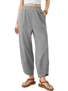 Women's Baggy Wide Leg Pants,Fall Cargo Pants With Paper Bag Waist,Cotton Loose Fit Palazzo Pants With Pockets - 淺灰色 - 查看 2