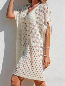 Women's Semi-Sheer V-Neck Sleeveless Knit Cover Up, Regular Length, Beach Wear - Apricot - View 2