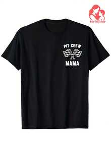 Camiseta de manga corta para mujer con estampado de bandera de carreras y "Pit Crew Mama", para primavera y verano, ropa casual y moderna para mamá, regalo perfecto para el Día de la Madre. - Blanco - Ver 7