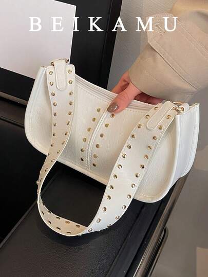 BEIKAMU 时尚铆钉多功能女士单肩包，拉链封口 PU 拼接腋下包，适合大学、通勤、购物、散步、日常使用