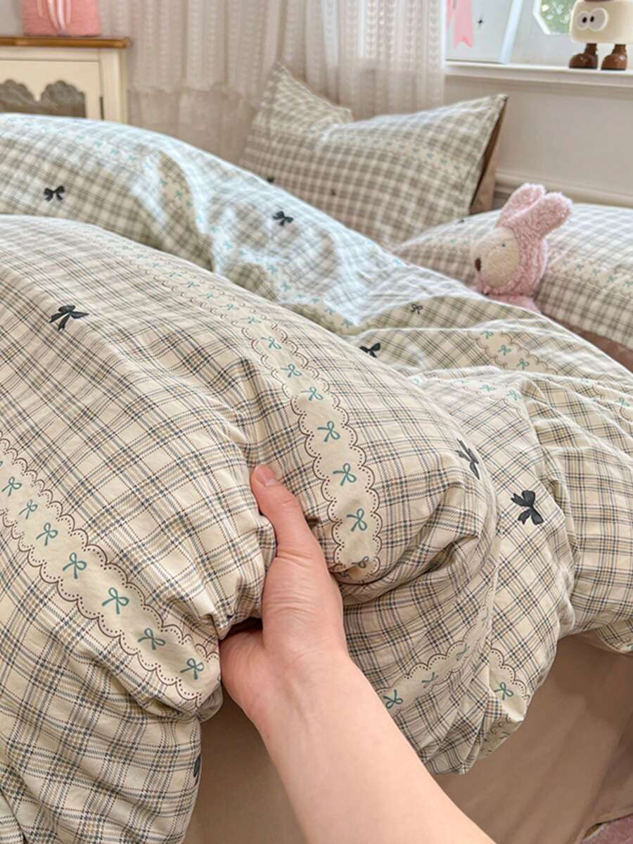 3件套100%涤纶复古格子印花被套组，2个枕套+1个被套（不含床单）