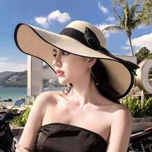 1 pièce Chapeau de paille à large bord avec bordure noire, décoré d'un nœud noir, convient pour la plage, les vacances, la protection solaire extérieure, les jours fériés, les voyages - Chapeau paille grosse vague gaze - Voir 4