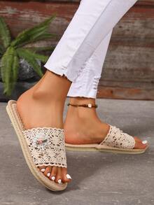 2026 Floral Decor Open Toe Flat Soft Bottom Slide Sandals, All Season - Beige - View 6