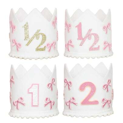 1顶皇冠生日帽，蝴蝶结半岁生日派对帽，蝴蝶结6个月生日派对帽，粉色1岁生日派对帽，2岁生日帽，适用于生日派对装饰、生日派对头饰、生日礼物、宠物生日帽