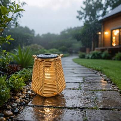 1个新款太阳能藤编吊灯，暖光，适用于花园、露台、门廊、树木、草坪、小路