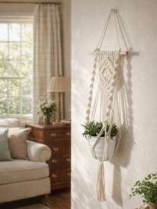 Hanging Flower Pot Rack, Bohemian Style Wall Mounted Flower Pot Basket, Rope Plant Stand, Suitable For Home, Garden, Balcony, Room Decor - Beige - View 3