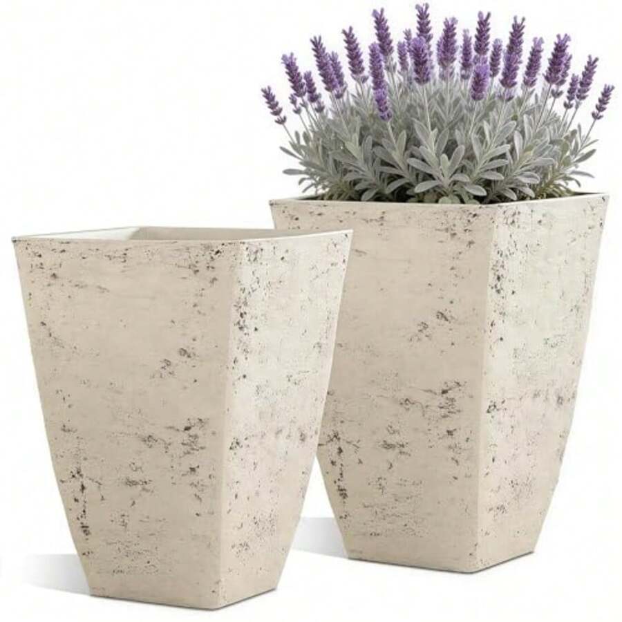 22" Timeless Urn Planters For Outdoor Plants Set Of 2 Plastic Large Flower Pot With Handmade Washed Black Finish Weather-Resistant For Porch Garden Patio Or Indoor Use - Country Square White-19" - View 1
