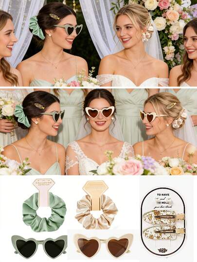 4件套婚礼发饰礼盒套装，包含心形眼镜、缎面发圈、仿珍珠耳环、发夹，适用于婚礼、节日、生日、派对、主题活动、伴娘礼物、派对装饰、惊喜小礼盒
