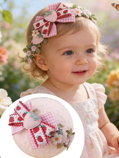 1pc Cute Sweet Strawberry Bow Baby Headband, Colorful Pastoral Style Girls Hair Accessory