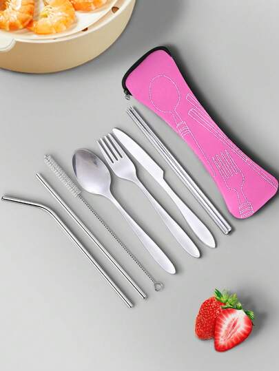 8pcs Portable Stainless Steel Knife, Fork, Spoon, Straw, Brush And Chopsticks Cutlery Set With 1 Zipper Storage Bag, For Picnic, Camping, Student Cafeteria,Kitchen,Gift
