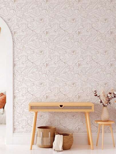 Neutral Beige Line Art Floral Peel And Stick Wallpaper Removable Damage Free Self Adhesive PVC Wall Sticker For Living Room Bedroom Entryway Dining Room Hallway Modern Home Decor