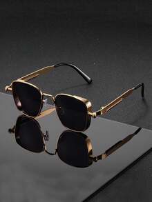 1 Pair Of Men's Black And Gold Spring Temple Square Sunglasses, Made Of Metal, With UV400 Protection, Steampunk Industrial Style, Suitable For Street Wear - Multicolor - View 11