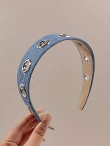 1pc Washed Denim Blue Metal Hollow Slanted Striped Knotted Bamboo Texture Wide-Brim Punk Chic Volumizing Hair Hoop, Street Style Party Accessory - Baby Blue - View 1